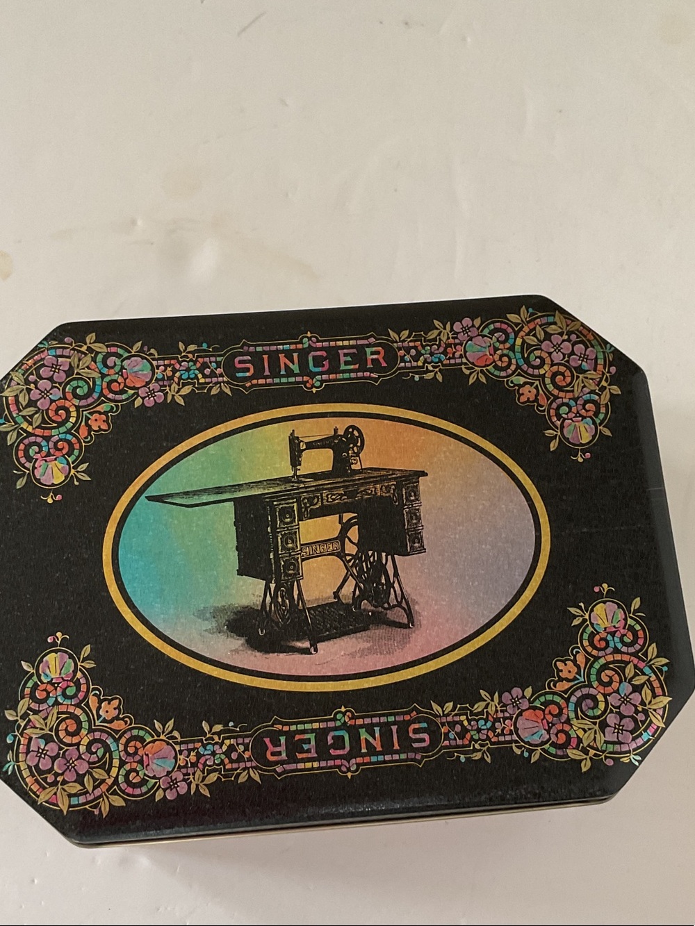 Singer Decorative Sewing Machine Tin - Black with Rainbow Accent